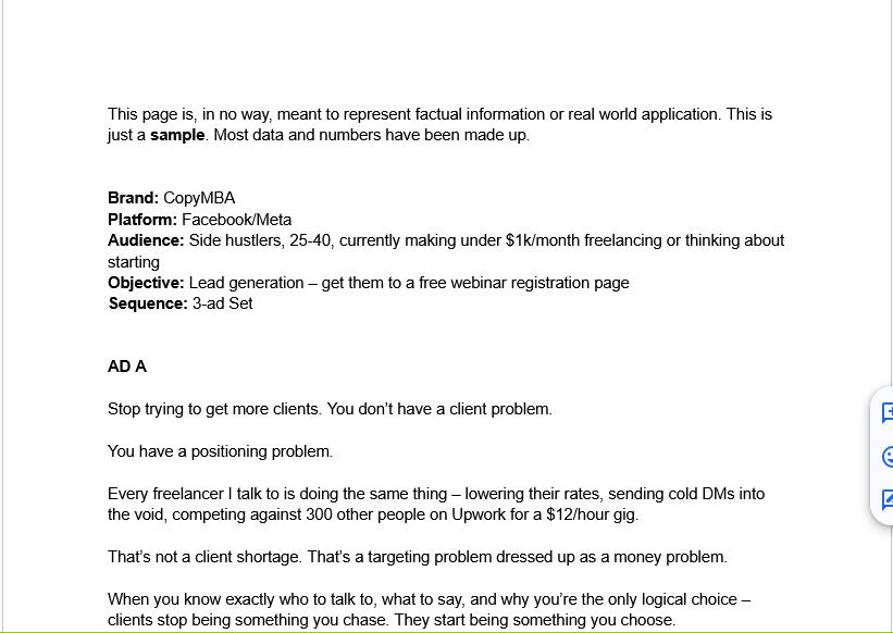 Sample Work -- 3-Ad Set (Facebook/Meta), CopyMBA (spec)